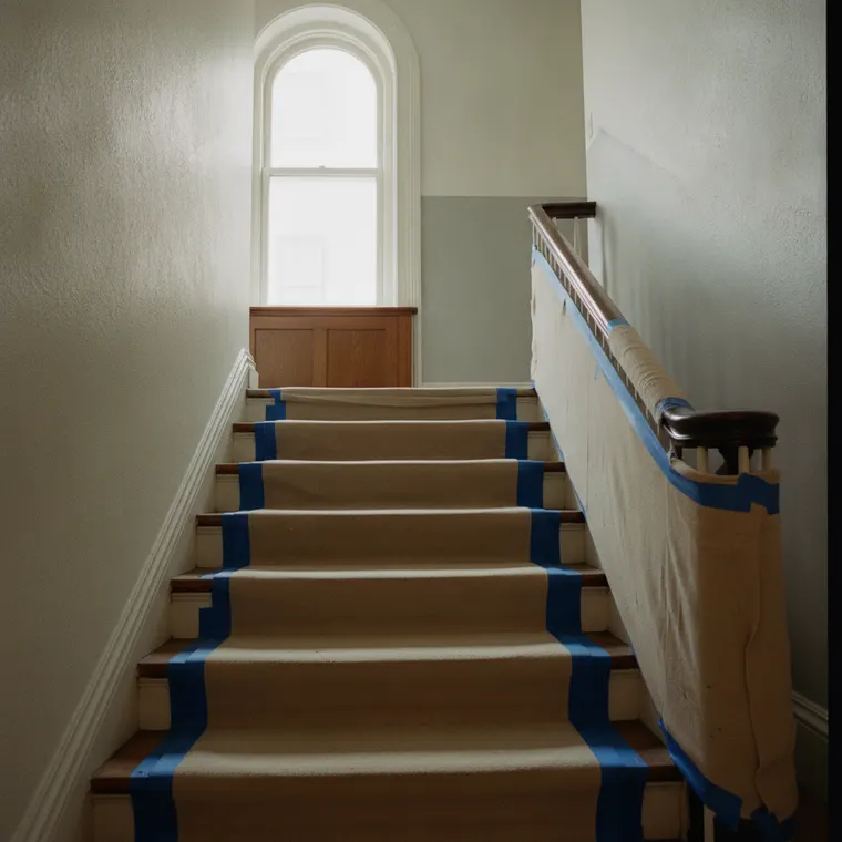 A stair landing with protective covering laid over the treads and taped at the edges, the handrail wrapped