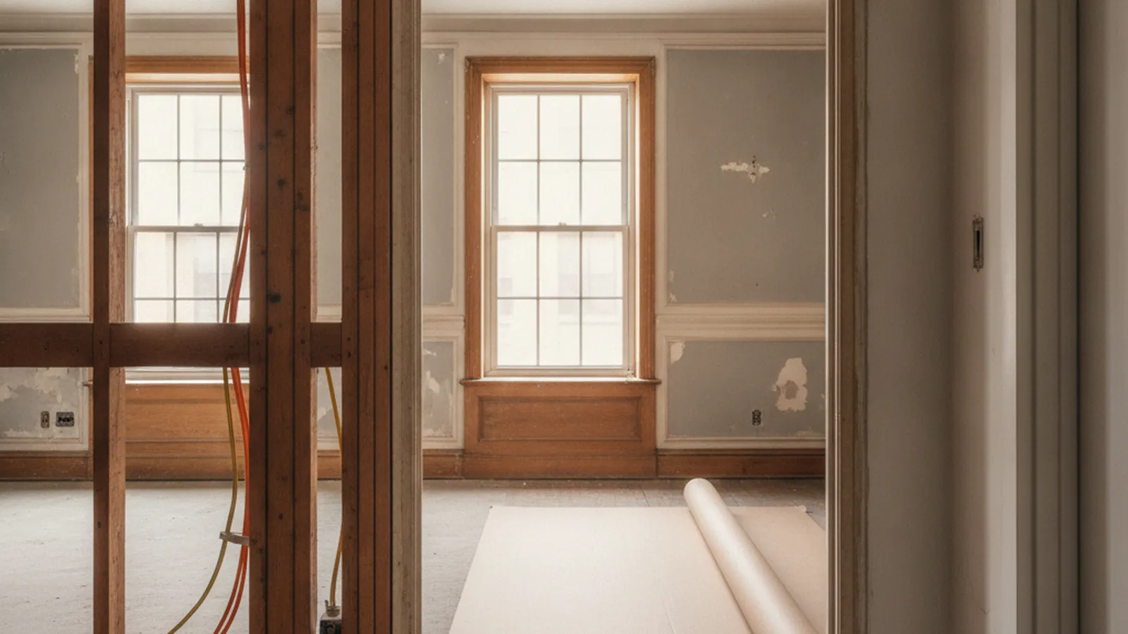 a New York apartment mid gut renovation seen from the doorway, one half stripped to bare studs with new electrical runs and the other half still in old plaster, floor protection down