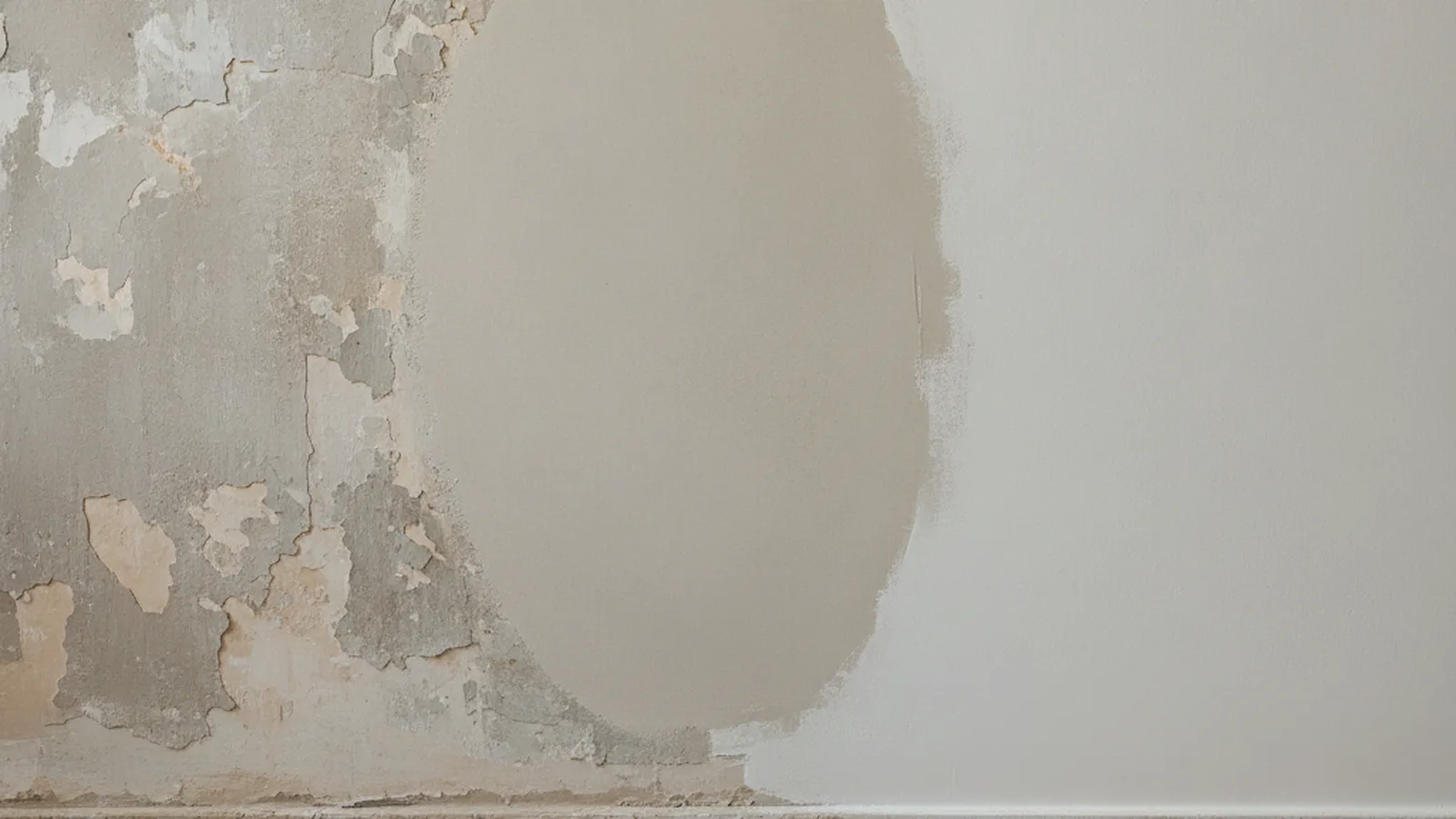 an older plaster wall in a New York apartment showing three stages side by side, cracked old paint, a filled and sanded patch and a fresh first coat, with a roller tray on the covered floor