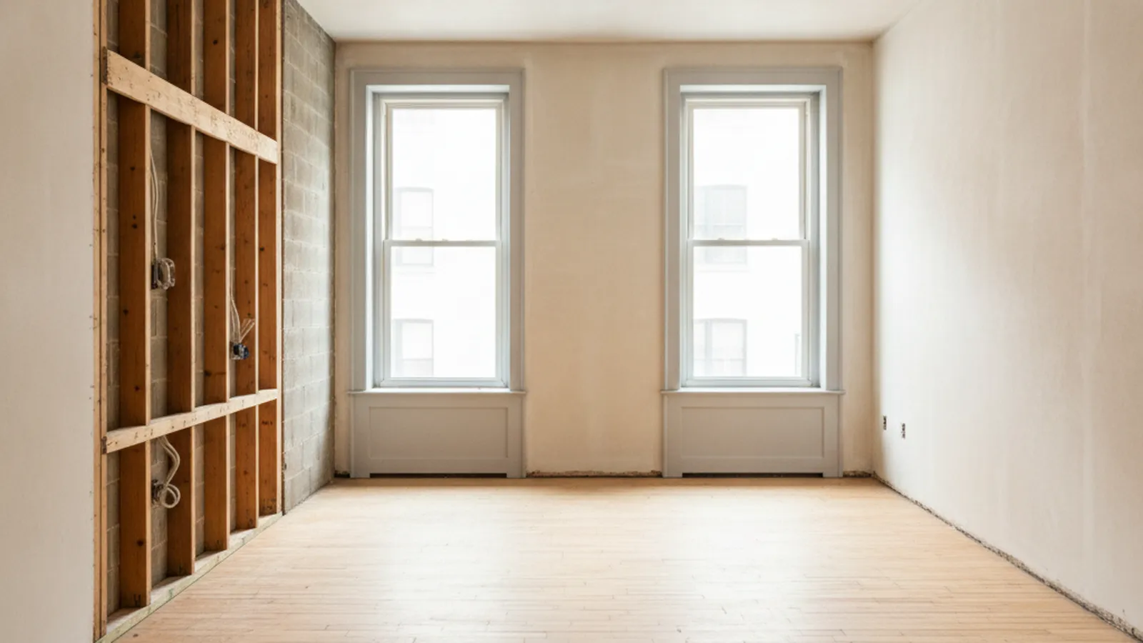 a wide view of a New York apartment stripped back mid-renovation